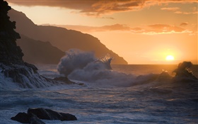 Beach sunset, waves, State Park, Kauai HD wallpaper