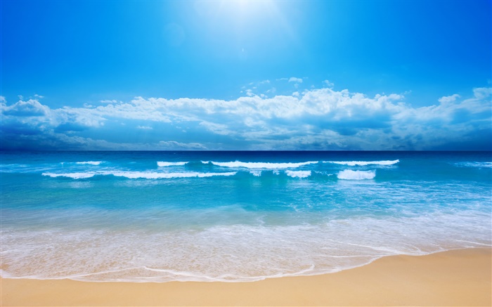 Beautiful beach, sea, waves, blue, sky, clouds Wallpapers Pictures Photos Images