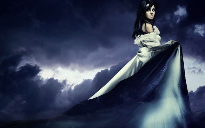 Beautiful girl in the dusk, long dress Wallpapers Pictures Photos Images