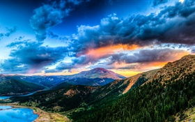 Beautiful landscape, mountains, lake, forest, clouds, sunset