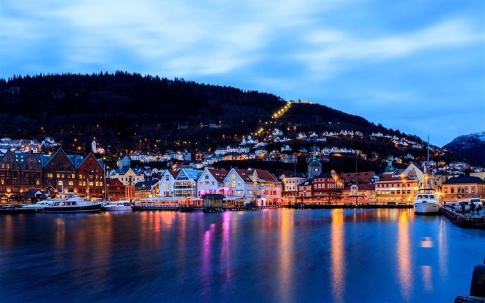 Bergen, Norway, city, night, houses, sea, boat, lights Wallpapers Pictures Photos Images