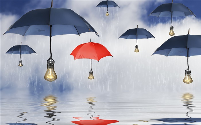 Blue and red umbrellas, rain, water reflection, creative pictures Wallpapers Pictures Photos Images