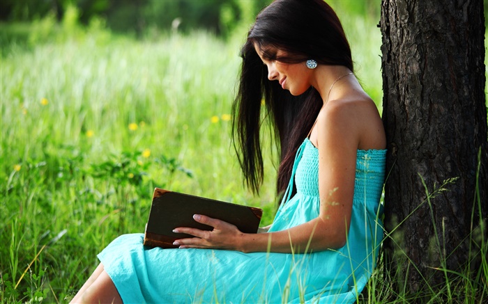 Blue dress girl reading a book Wallpapers Pictures Photos Images