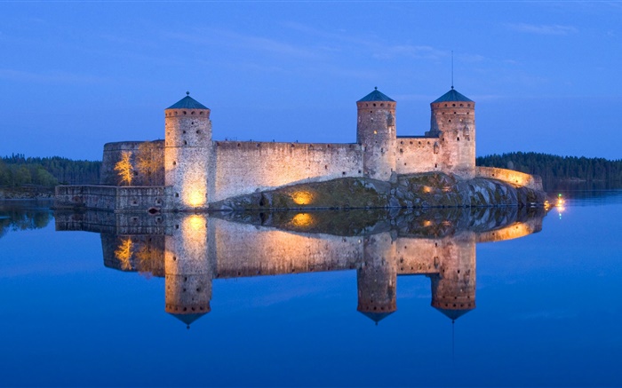 Blue lake, castle, night, lights, water reflection Wallpapers Pictures Photos Images