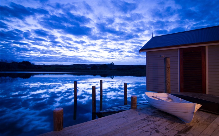 Boathouse, river, clouds, dusk, New Zealand Wallpapers Pictures Photos Images