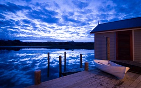 Boathouse, river, clouds, dusk, New Zealand HD wallpaper