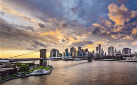 Brooklyn Bridge, New York City, Manhattan, USA, skyscrapers, dusk HD wallpaper