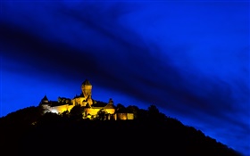 Building, lights, night, mountain, Alsace, France HD wallpaper