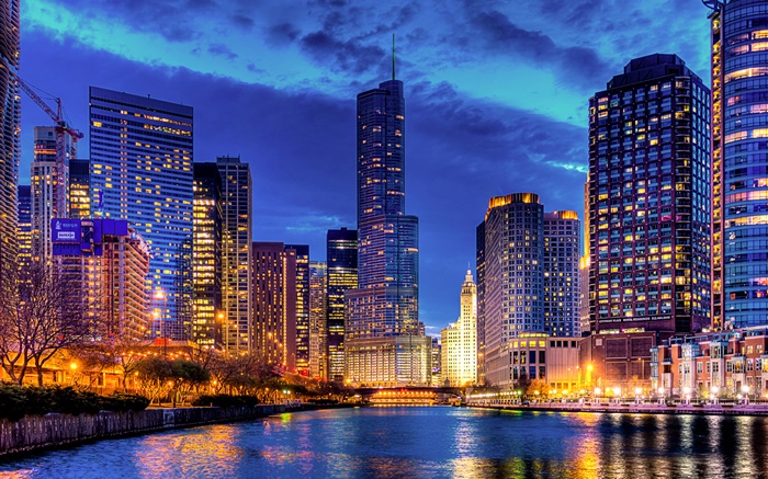 Chicago, Illinois, USA, skyscraper, river, lights, night Wallpapers Pictures Photos Images