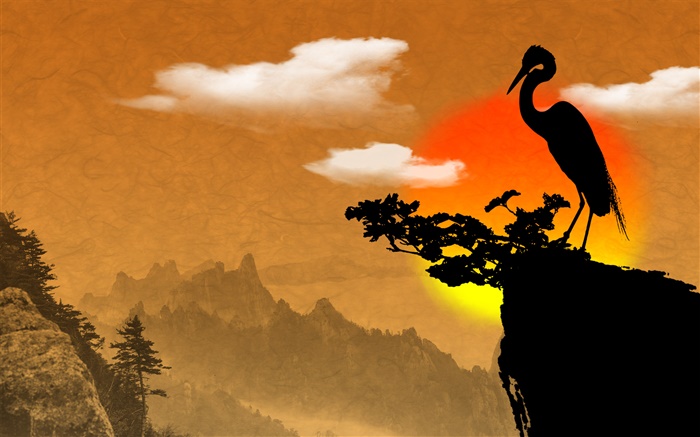 Chinese ink art, bird, cliff, dusk Wallpapers Pictures Photos Images