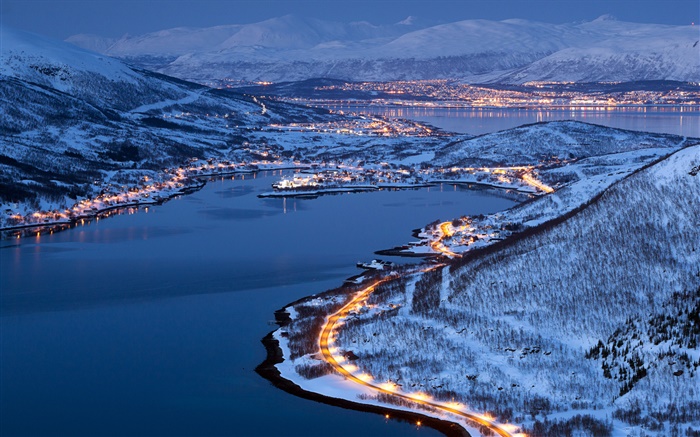 City lights, snow, winter, night, Tromso, Norway Wallpapers Pictures Photos Images
