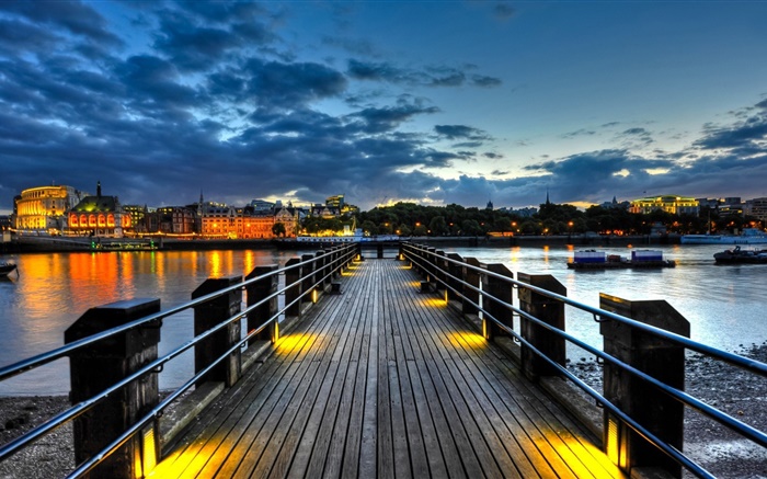 City, pier, bridge, river, houses, lights, night Wallpapers Pictures Photos Images