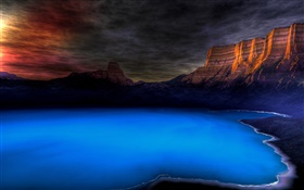 Cliff, lake, clouds, night HD wallpaper