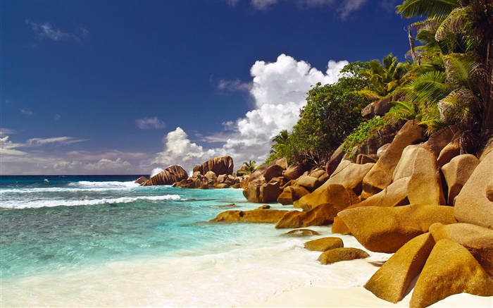 Coast, beach, stones, sea, clouds, Seychelles Island Wallpapers Pictures Photos Images