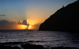 Coast, sea, cliff, clouds, sun, sunset HD wallpaper