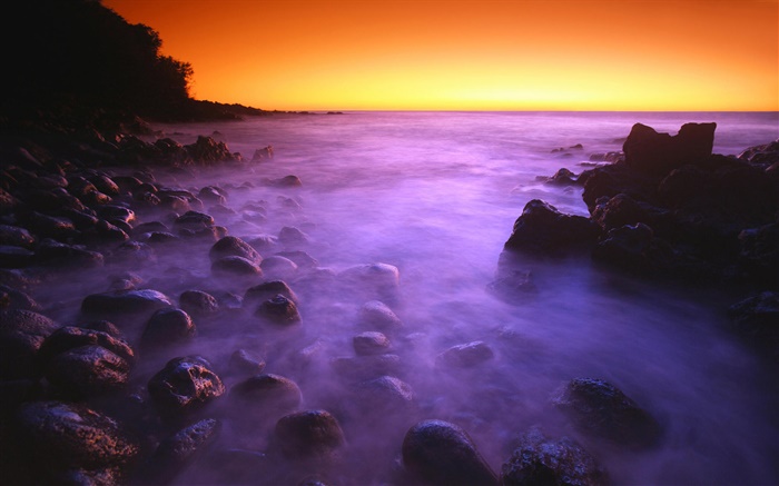 Coast, sea, stones, sunrise, red sky Wallpapers Pictures Photos Images