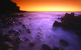 Coast, sea, stones, sunrise, red sky HD wallpaper