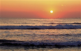 Coast, sea, waves, sunset HD wallpaper