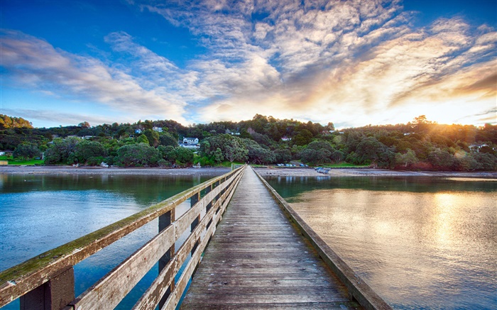 Cornwallis Wharf, wooden bridge, sunset, Manukau Harbour, New Zealand Wallpapers Pictures Photos Images