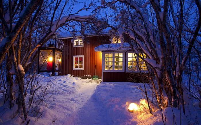 Country Cottage Snow Covered Trees Sweden Night Lights Hd