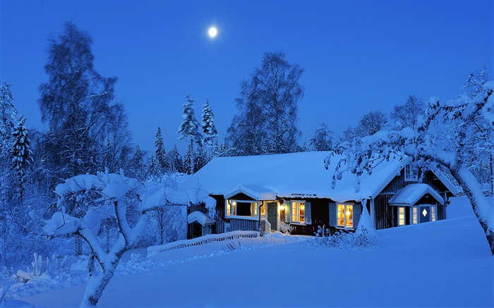 Country house, night, winter, snow, moon, Dalarna, Sweden Wallpapers Pictures Photos Images