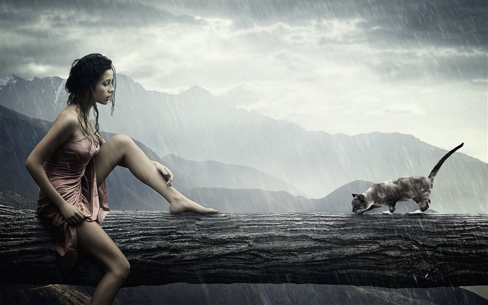 Creative pictures, girl in the rain, cat looking for something Wallpapers Pictures Photos Images