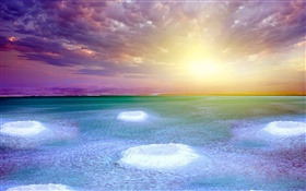 Dead sea, sunset, salt, clouds