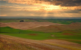 Farmland, hills, clouds, sunset HD wallpaper