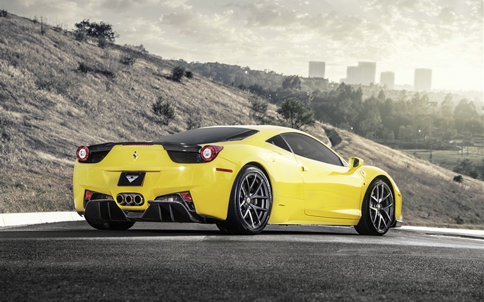 Ferrari 458 Italia yellow supercar rear view Wallpapers Pictures Photos Images