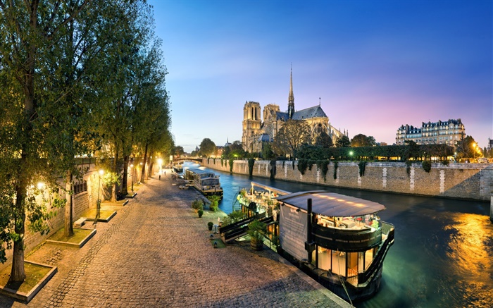 France, Notre Dame, river, boats, night, lights Wallpapers Pictures Photos Images
