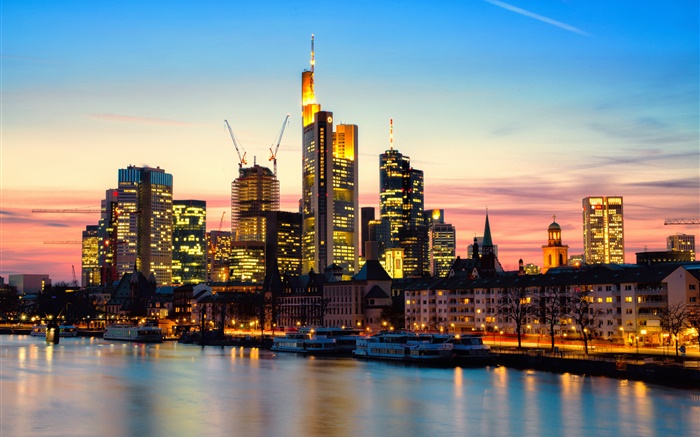 Frankfurt, Germany, city, skyscrapers, dusk, sunset, lights, river Wallpapers Pictures Photos Images