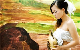 Girl holding a vase, white dress HD wallpaper