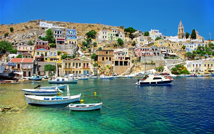 Greece, houses, coast, sea, boats Wallpapers Pictures Photos Images