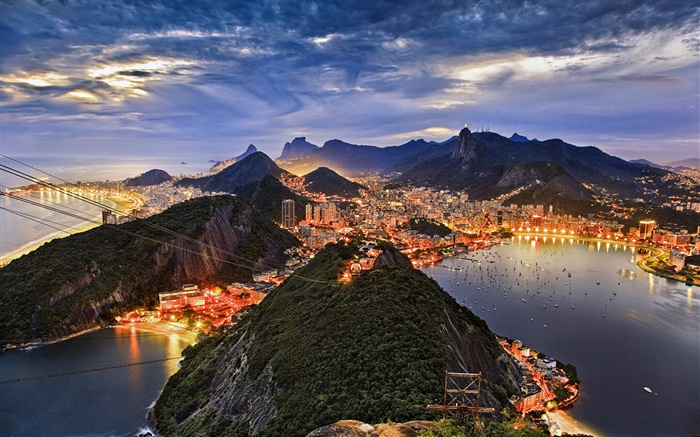 Guanabara Bay, city, coast, night, lights, Rio de Janeiro, Brazil Wallpapers Pictures Photos Images