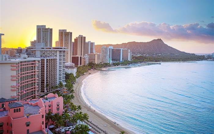 Honolulu, Waikiki Beach, Diamond Head Crater, buildings, sunrise Wallpapers Pictures Photos Images