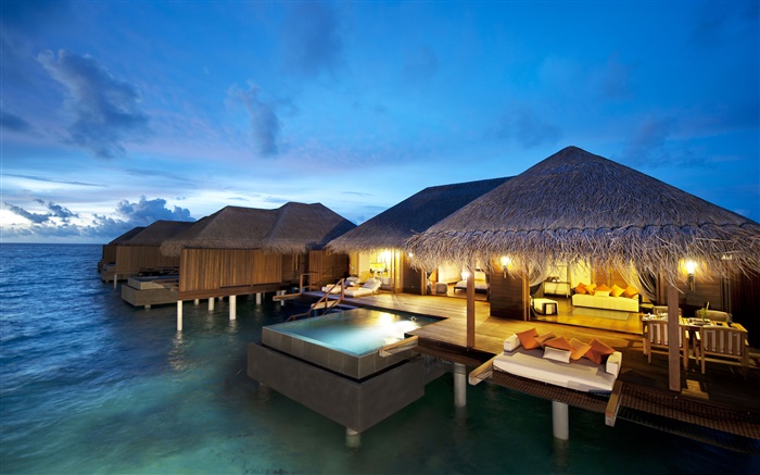Hotel, Maldives, Indian Ocean, night, lights Wallpapers Pictures Photos Images