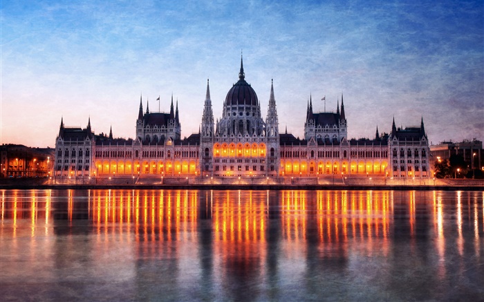 Hungary, Budapest, Parliament building, night, lights, Danube river, reflection Wallpapers Pictures Photos Images