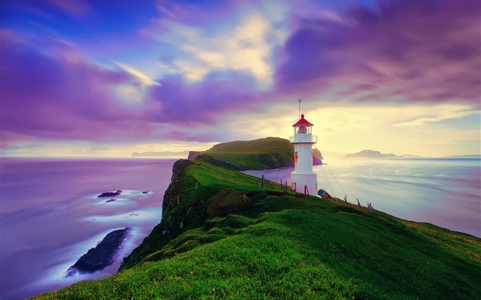 Iceland, Faroe Islands, lighthouse, coast, dusk, purple sky Wallpapers Pictures Photos Images