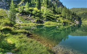 Lake, mountain, trees, grass, water reflection HD wallpaper
