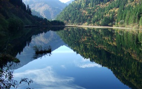 Lake, mountains, trees, water reflection HD wallpaper