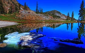 Lake, trees, mountains, ice, water reflection HD wallpaper