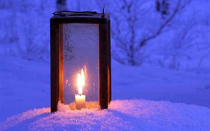 Lit lantern, candle, snow, night Wallpapers Pictures Photos Images