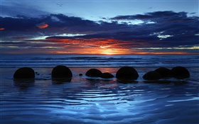 Moeraki Boulders, Koekohe Beach, sea, sunset, South Island, New Zealand
