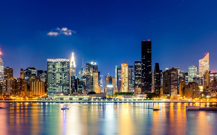 New York City, Manhattan, USA, night, skyscrapers, lights, sea Wallpapers Pictures Photos Images