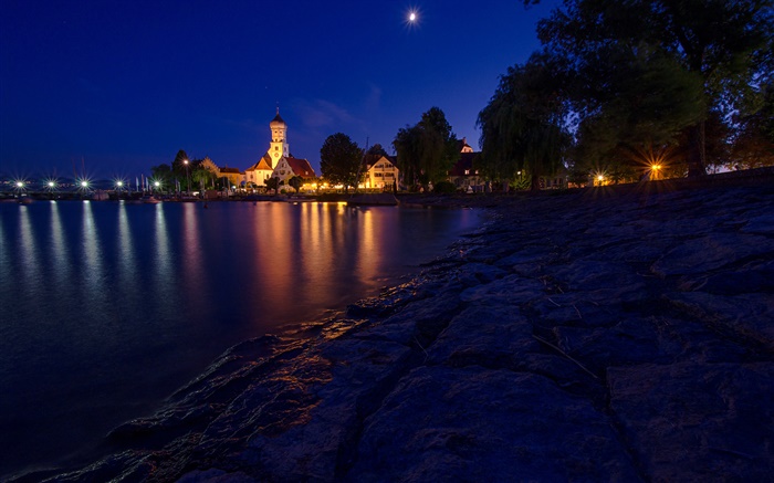 Night, houses, lights, Lake Constance, Bavaria, Germany Wallpapers Pictures Photos Images