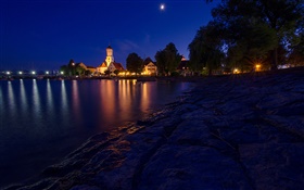 Night, houses, lights, Lake Constance, Bavaria, Germany