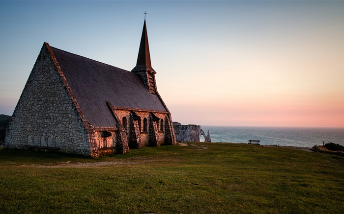 Normandy, France, church, evening, sea Wallpapers Pictures Photos Images