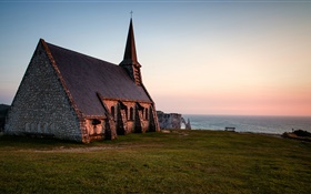 Normandy, France, church, evening, sea HD wallpaper