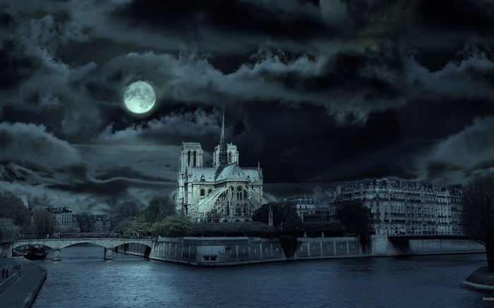 Notre Dame, France, night, river, moon Wallpapers Pictures Photos Images