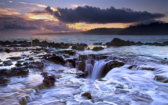 Ocean, flowing back, sunset, Kauai, Hawaii, USA Wallpapers Pictures Photos Images